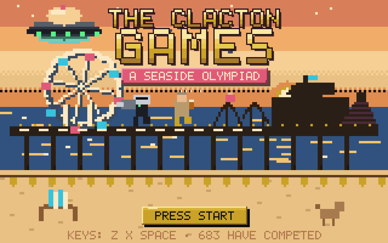 Title screen of The Clacton Games, a retro pixel-art browser game styled after 1980s Amiga sports games.